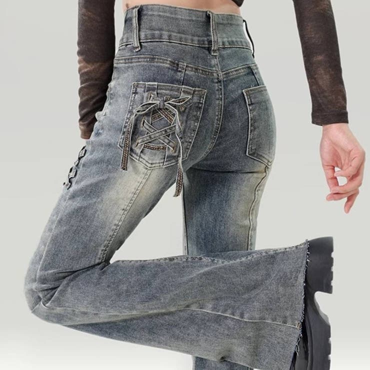 個性光るクロスステッチデニムパンツ フルレングス フレア | maison de LATIR | 詳細画像7 