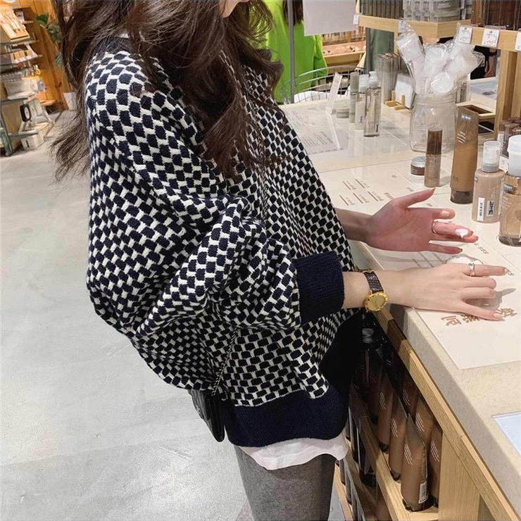 ブラック | レトロな風合いが可愛い女子ニット カジュアル チェック柄 | maison de LATIR