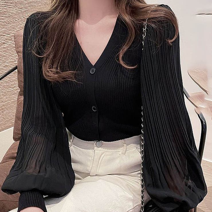 ブラック | シフォンVネックカーディガン セータートップス パフスリーブ | maison de LATIR
