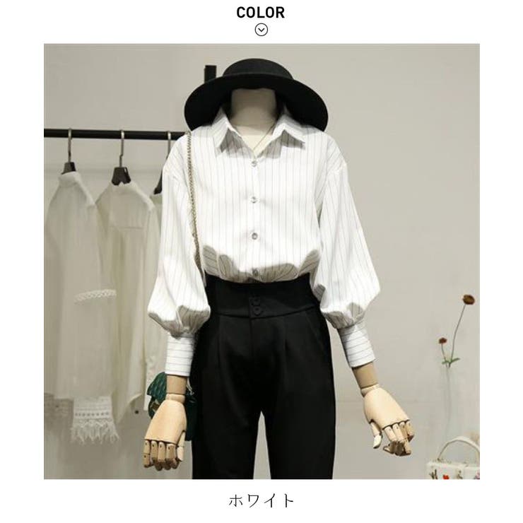ランタンスリーブが可愛いストライプシャツ袖コンシャスドロップショルダーお洒落オフィスカジュアル通勤服上品夏秋