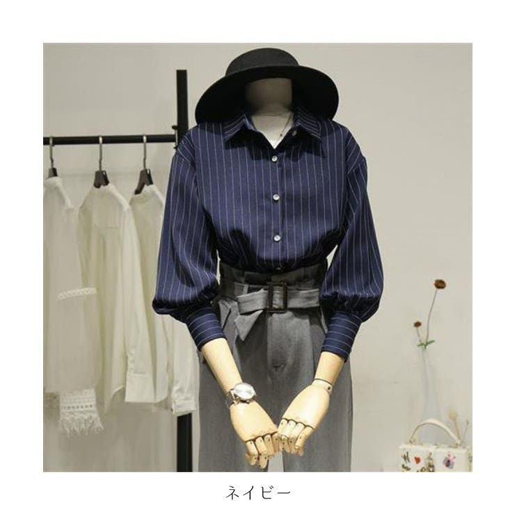 ランタンスリーブが可愛いストライプシャツ袖コンシャスドロップショルダーお洒落オフィスカジュアル通勤服上品夏秋