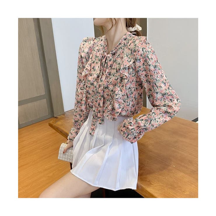 フォースメント Forcement レトロ花柄ボウタイブラウス リボン