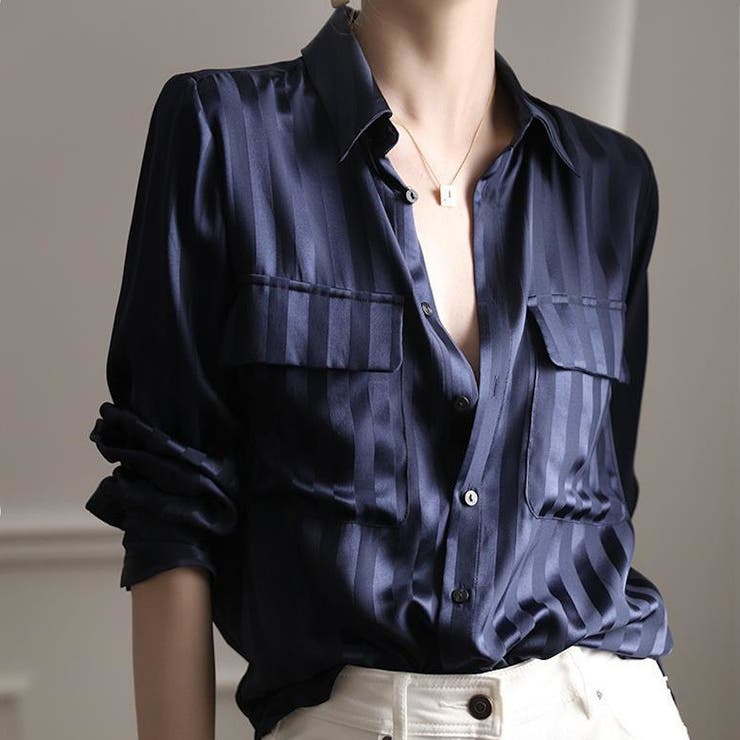 光沢感が上品なストライプデザイン長袖シャツ 秋 縦縞 | maison de LATIR | 詳細画像1 