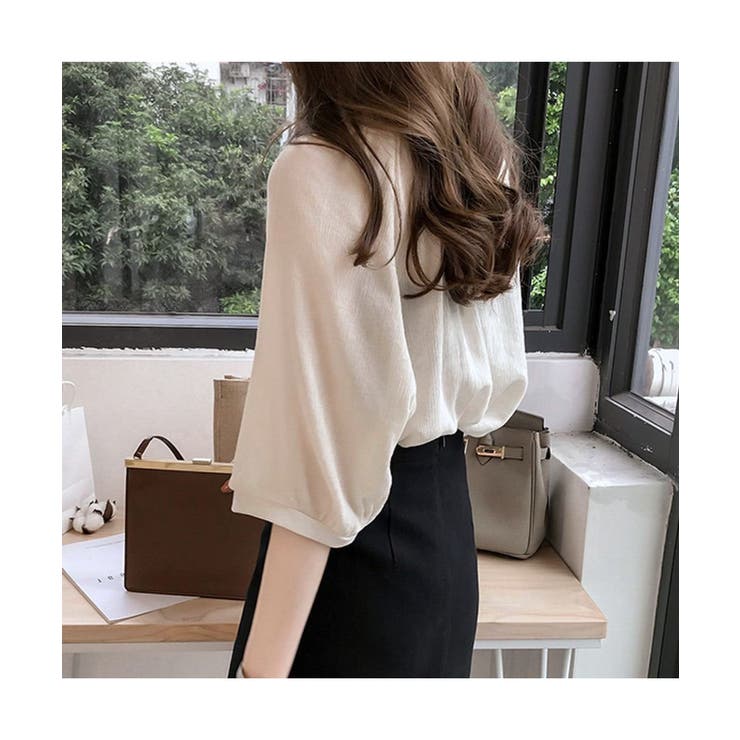 新品パフスリーブ 水玉 七分袖 シャツ ゆったり ブラウス シフォン