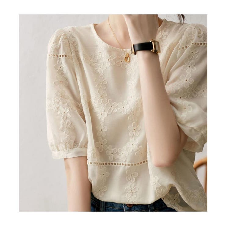 程よい透け感が上品なスカラップ刺繍花柄ブラウス シフォンシャツ 春 | maison de LATIR | 詳細画像3 