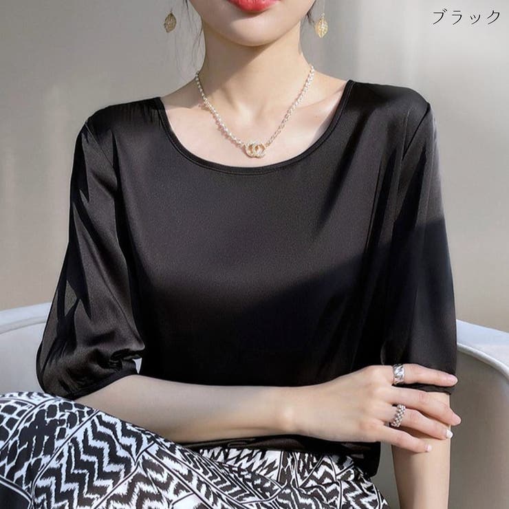 ブラック | 着回し力抜群プルオーバーサテンシャツ シンプル サテン | maison de LATIR