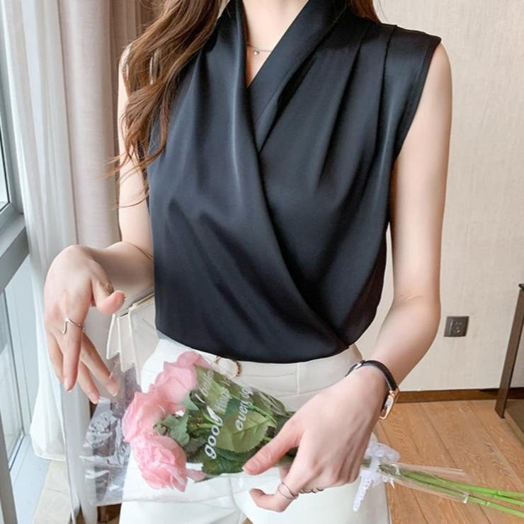 一枚で上品、重ねて今っぽくノースリーブシャーリングブラウス オフィス オフィスカ… | maison de LATIR | 詳細画像4 