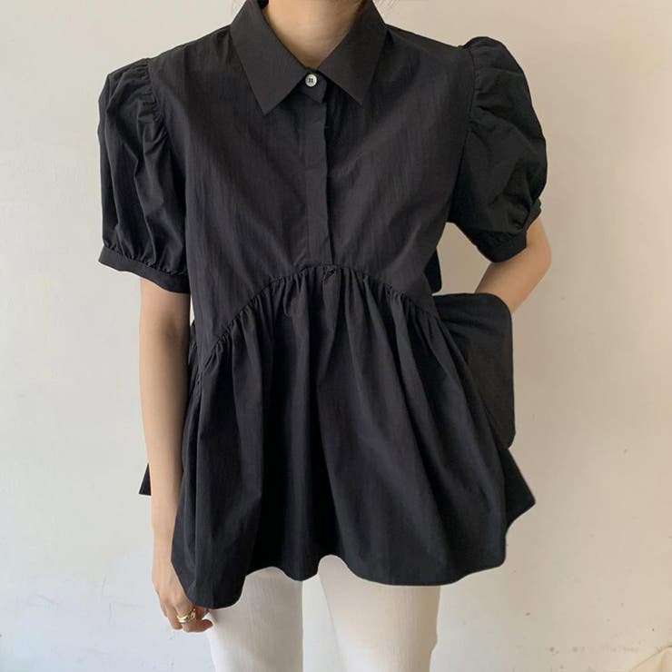 ブラック | レトロな大人可愛いパフスリーブペプラシャツ トップス ブラウス | maison de LATIR