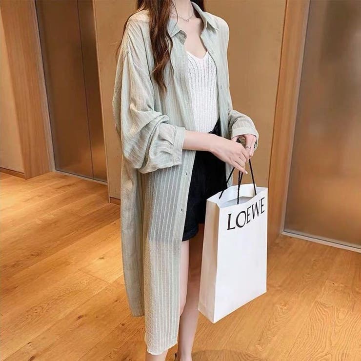 グリーン | UVや冷房対策にも活躍シアーロング丈ブラウス ストライプ UV対策 | maison de LATIR