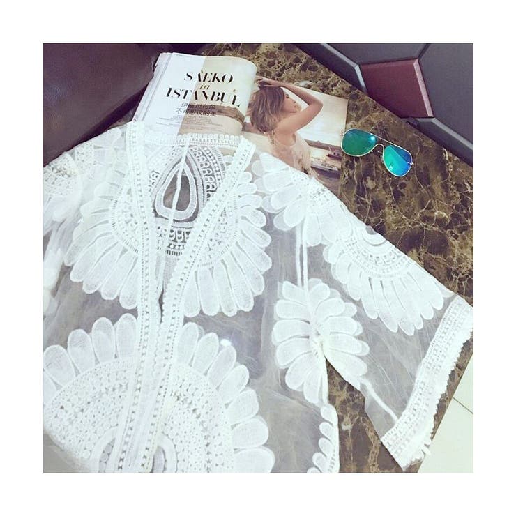 刺繍デザインがエレガントな透かし網ロングカーディガン Vネック  