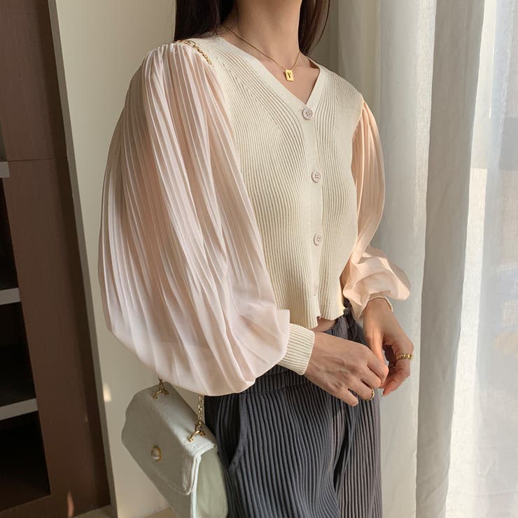 ベージュ | シフォンVネックカーディガン セータートップス パフスリーブ | maison de LATIR