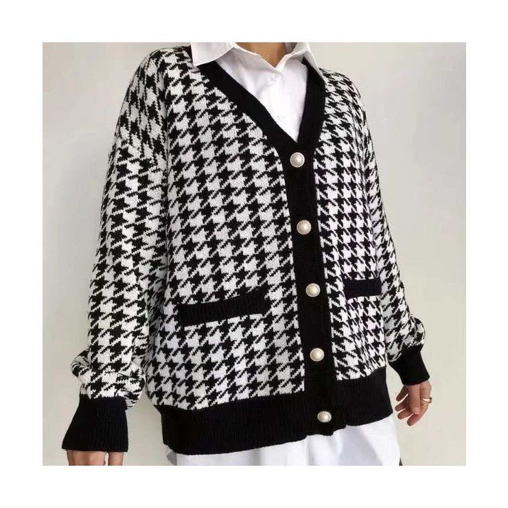 ルーズ感がオシャレな千鳥格子柄ニットカーディガン ミドル丈 冬[品番  