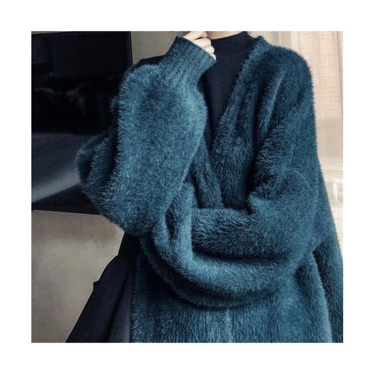 ブルー | 暖かくて女性らしい印象のシャギーニットVネックカーディガン 羽織り 防寒 | maison de LATIR