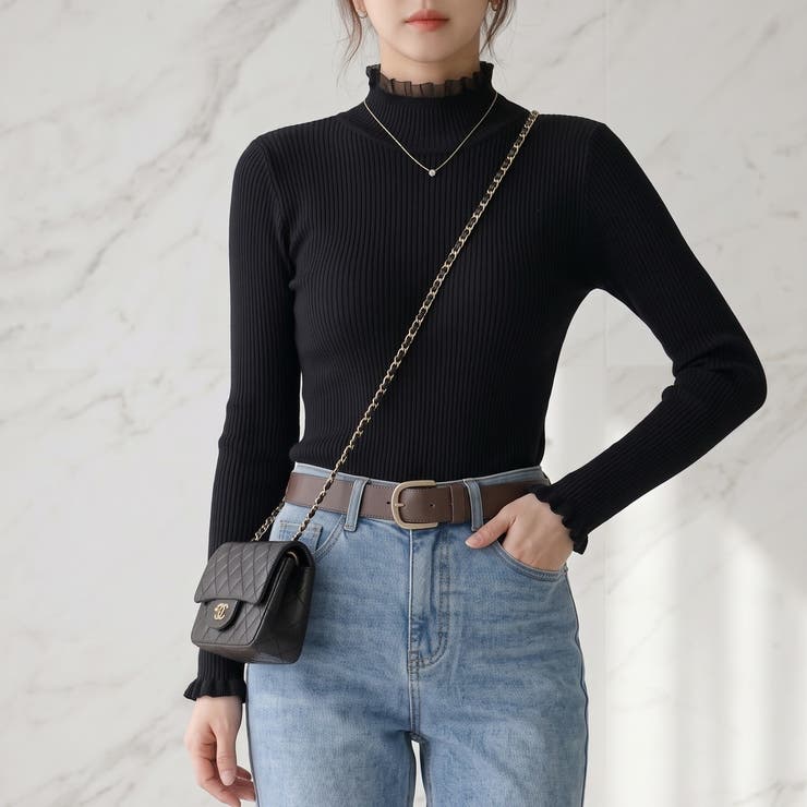 ブラック | 首元のシアーフリルが華やかな、フェミニンリブニット 長袖 ハイネック | maison de LATIR