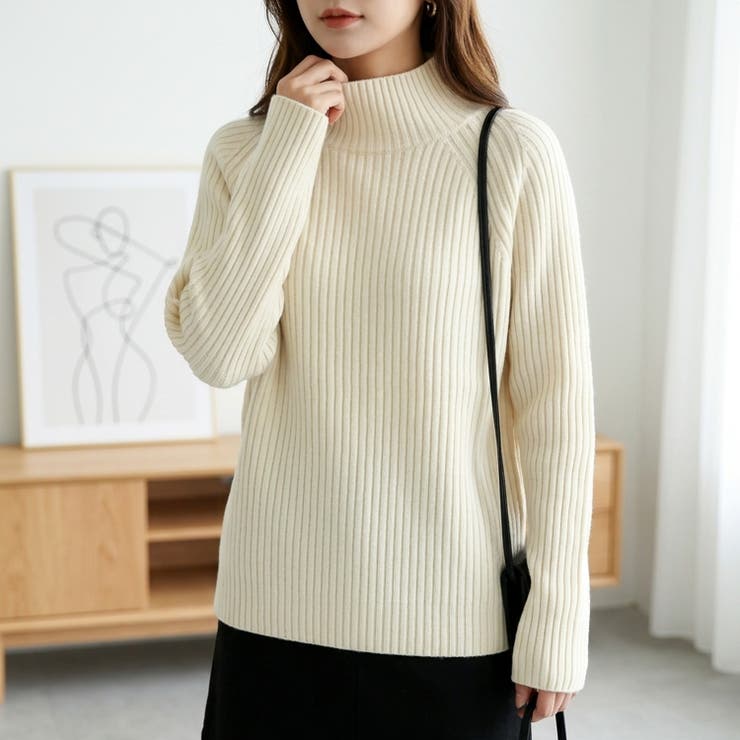 アイボリー | ゆったり身幅で着やすい、リブハイネックニット レディース ハイネック | maison de LATIR