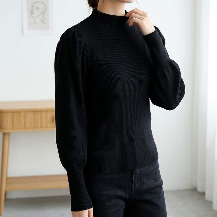 ブラック | 上品に着こなせる、ボリュームスリーブハイネックニット レディース パフスリーブ | maison de LATIR