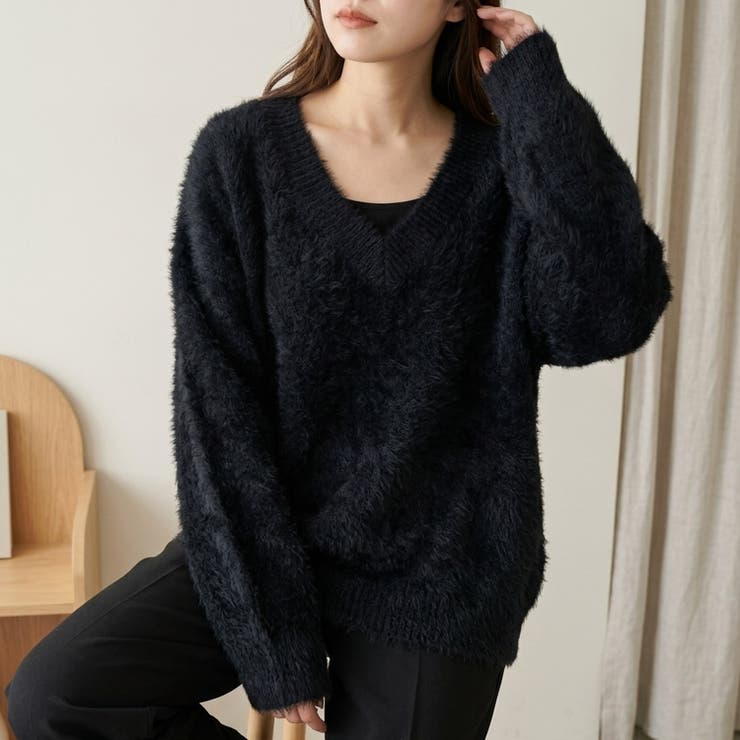 ブラック | ふんわり素材が可愛い、ロング丈シャギーニット レディース シャギーニット | maison de LATIR