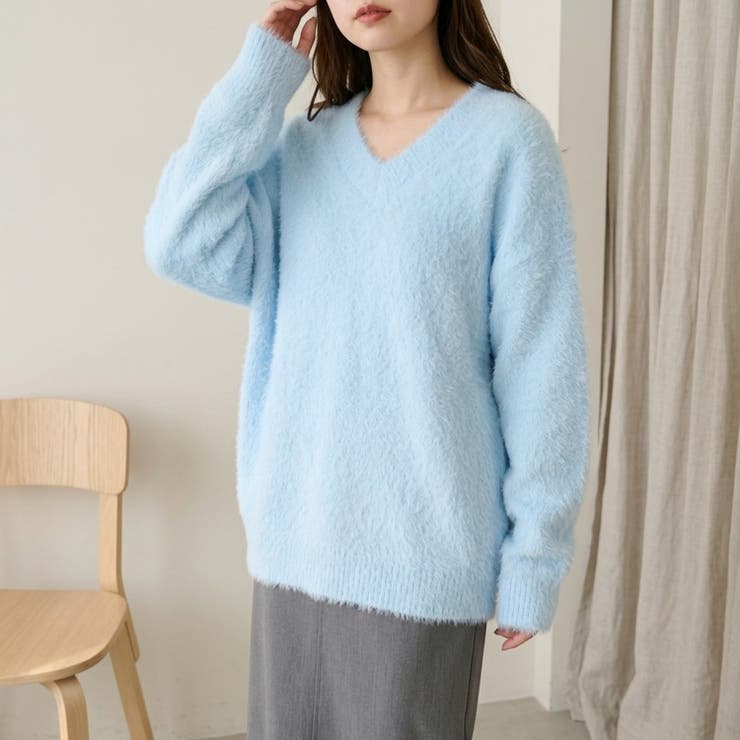 ライトブルー | ふんわり素材が可愛い、ロング丈シャギーニット レディース シャギーニット | maison de LATIR