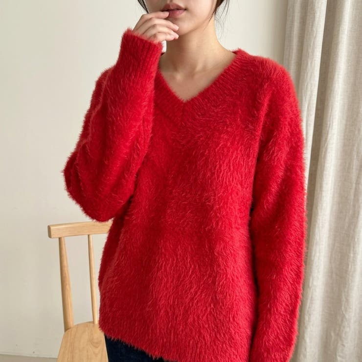 レッド | ふんわり素材が可愛い、ロング丈シャギーニット レディース シャギーニット | maison de LATIR