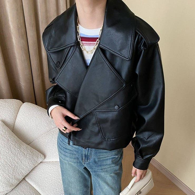 ブラック | フェイクレザー ライダースジャケット アウター | maison de LATIR