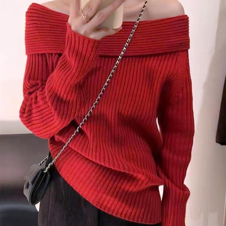 レッド | 大人っぽい長袖オフショルニット ニット セーター | maison de LATIR