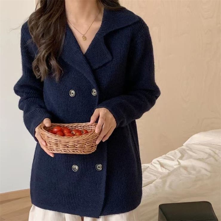 ニットジャケット 韓国風カーディガン ダブルブレスト[品番