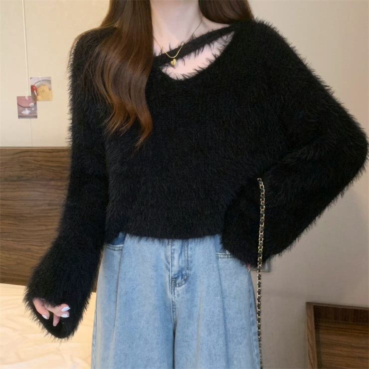 ブラック | とろけるふわふわ質感クロスニットプルオーバー トップス ニット | maison de LATIR