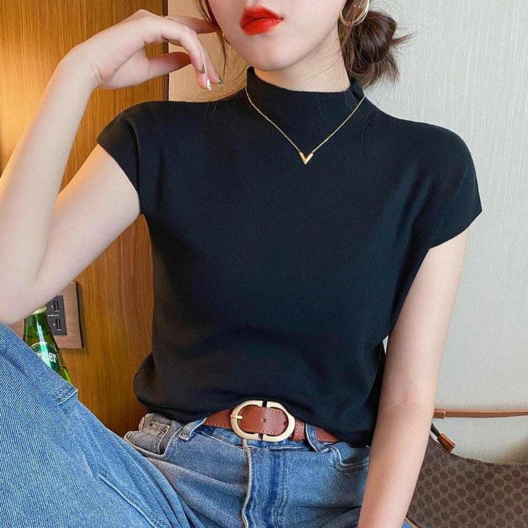 ハーフハイネック半袖サマーニットTシャツ ハーフハイネック
