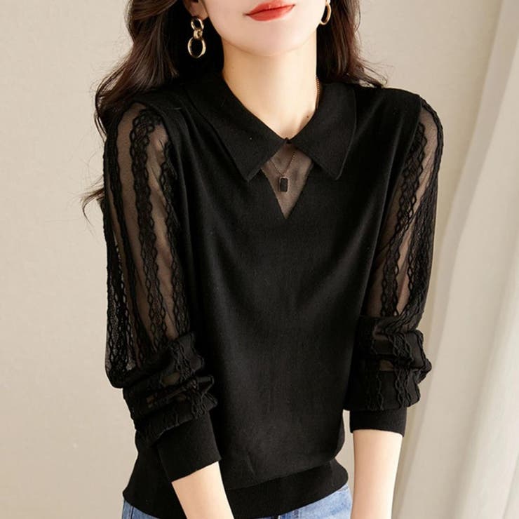 襟付き長袖レースTシャツ レディース レース | maison de LATIR | 詳細画像3 