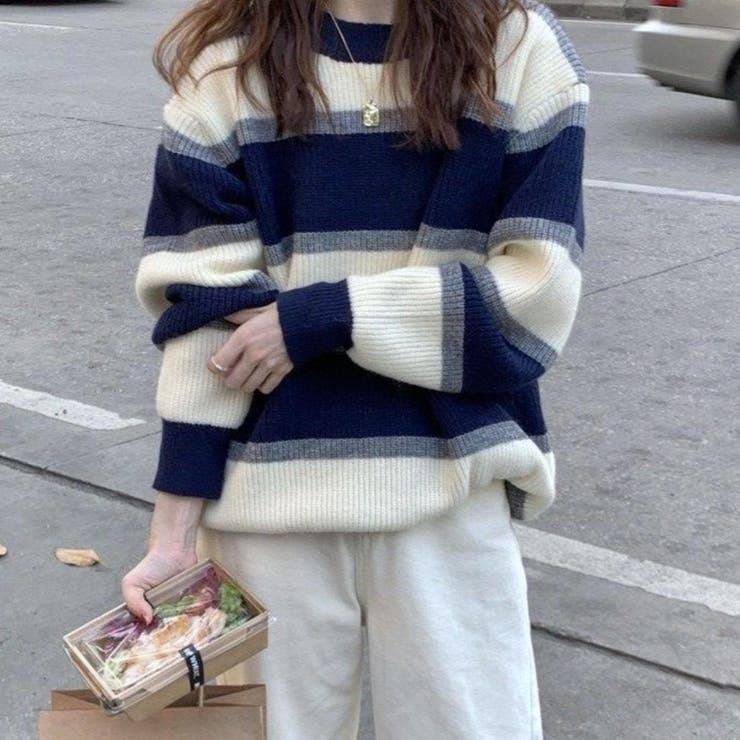 ネイビー | 大人こなれ感満載で着回し力抜群のボーダー柄ニットセーター 厚手 冬 | maison de LATIR