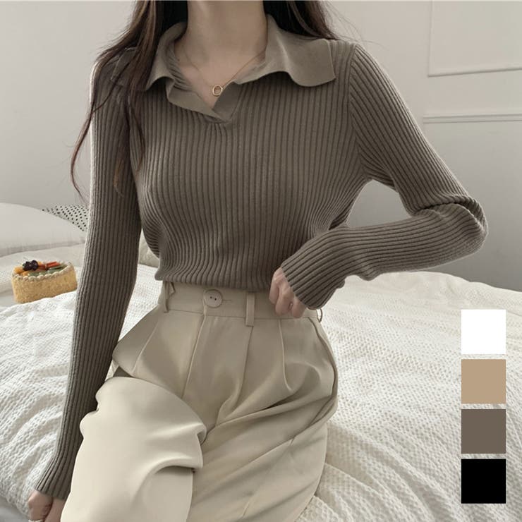 落ち着いたシンプルなデザインに大きめの襟が印象的なリブニットセーター トップス … | maison de LATIR | 詳細画像1 