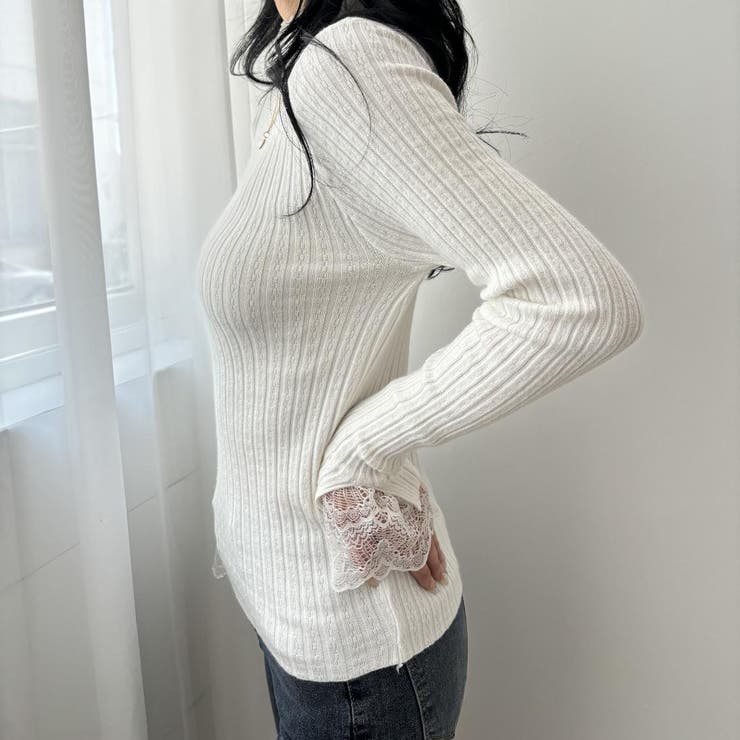 女性らしく美スタイルを引き立ててくれるハーフネックニット レースネック 袖口レー… | maison de LATIR | 詳細画像4 