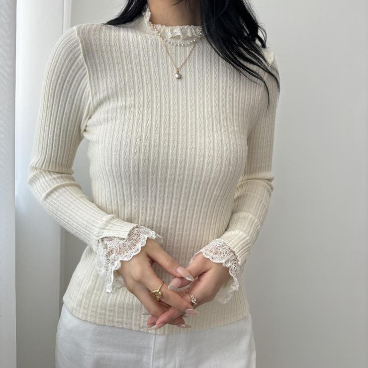 女性らしく美スタイルを引き立ててくれるハーフネックニット レースネック 袖口レー… | maison de LATIR | 詳細画像6 