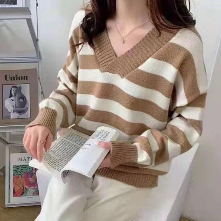 メリハリあるカラーリングでスッキリ決まるニットプルオーバー クロスオーバーVネッ… | maison de LATIR | 詳細画像3 