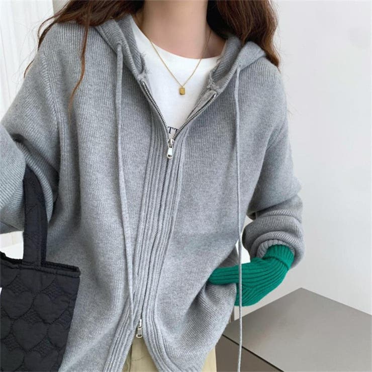 グレー | ベーシックなデザインで幅広いスタイリングにフィットするフード付きニットカーディガ… | maison de LATIR
