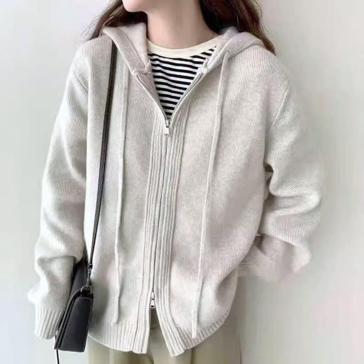 ホワイト | ベーシックなデザインで幅広いスタイリングにフィットするフード付きニットカーディガ… | maison de LATIR