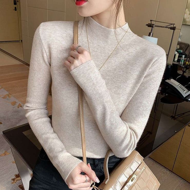 ベージュ | 触れるたびに心地いいモックネックニット 良質 ベーシック | maison de LATIR