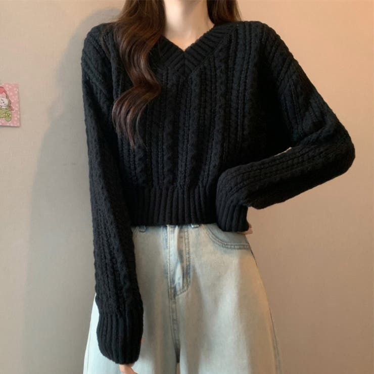 ブラック | ケーブル柄 クルーネック ニット | maison de LATIR