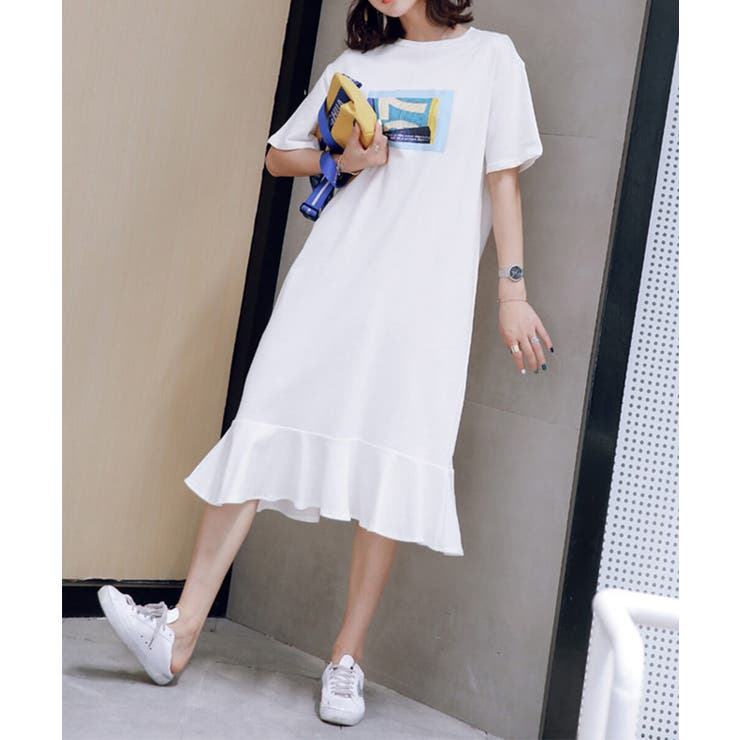 グラフィックプリントが目を引くワンピース韓国可愛いマーメイド切り替えワンピ女性らしいカジュアル
