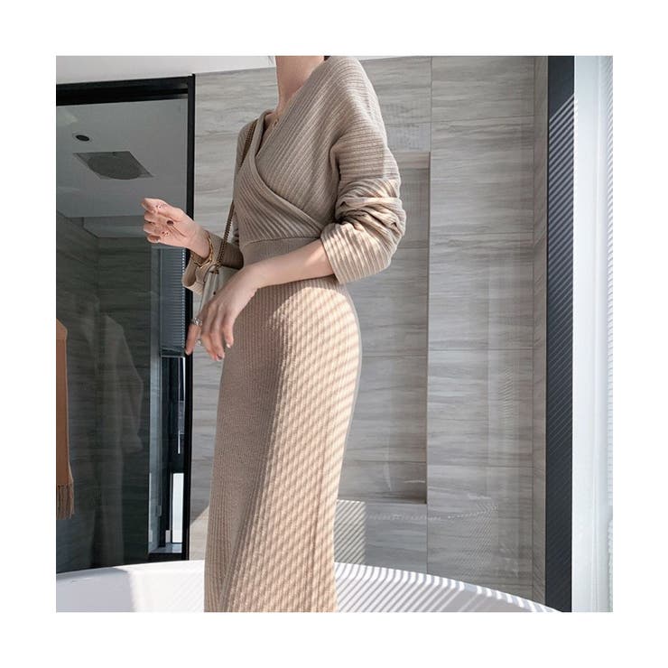 カシュクールが大人っぽいニットワンピきれいめ女性らしいウエスト切り替えワンピース秋