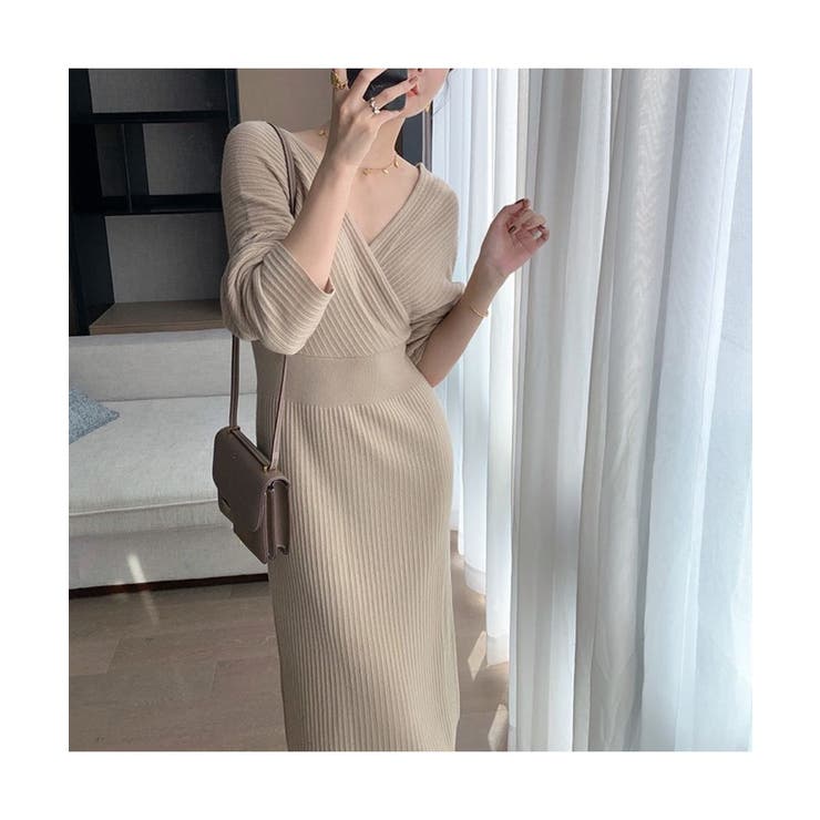 カシュクールが大人っぽいニットワンピきれいめ女性らしいウエスト切り替えワンピース秋