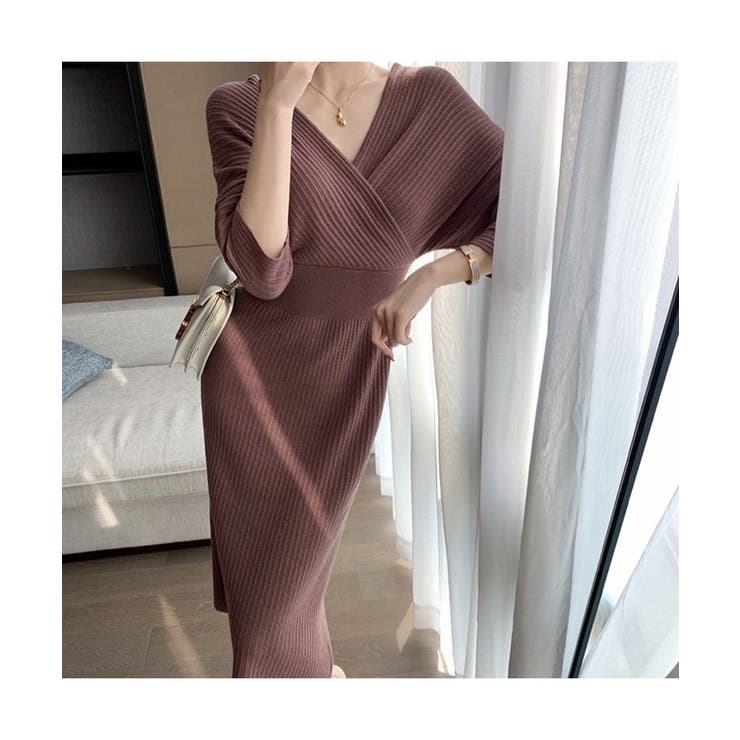 カシュクールが大人っぽいニットワンピきれいめ女性らしいウエスト切り替えワンピース秋