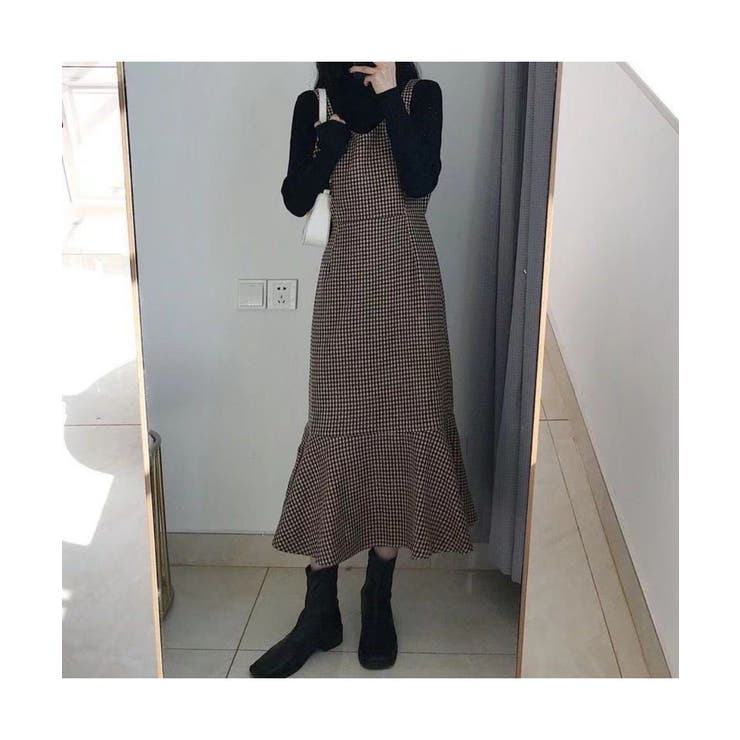 千鳥格子のレトロな柄がキャミワンピース ロング丈 女性らしい[品番