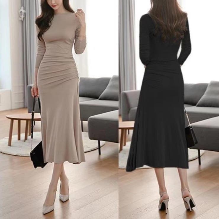 上品シルエット程よくボディラインに沿うオフショルフレアワンピース ロング丈 長袖 | maison de LATIR | 詳細画像5 