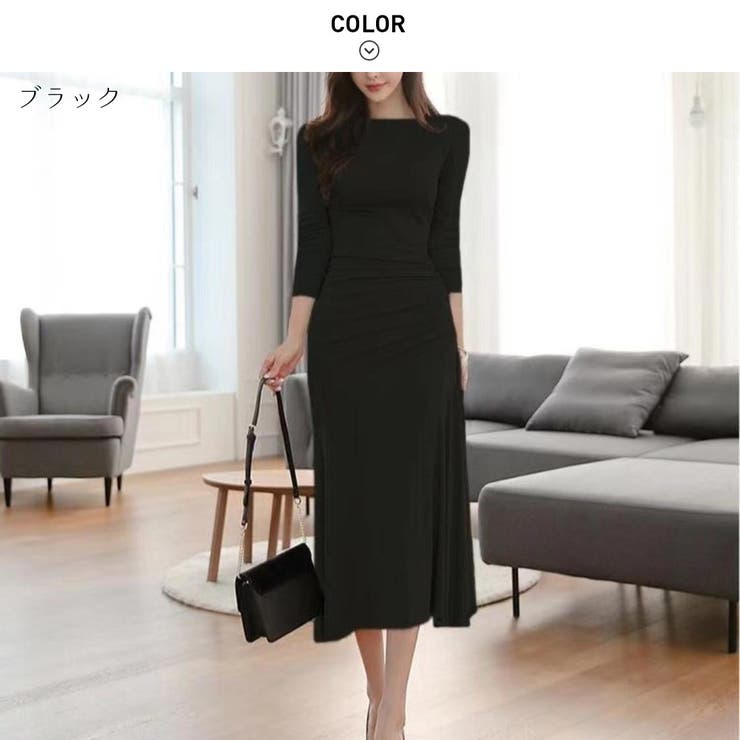 ブラック | 上品シルエット程よくボディラインに沿うオフショルフレアワンピース ロング丈 長袖 | maison de LATIR