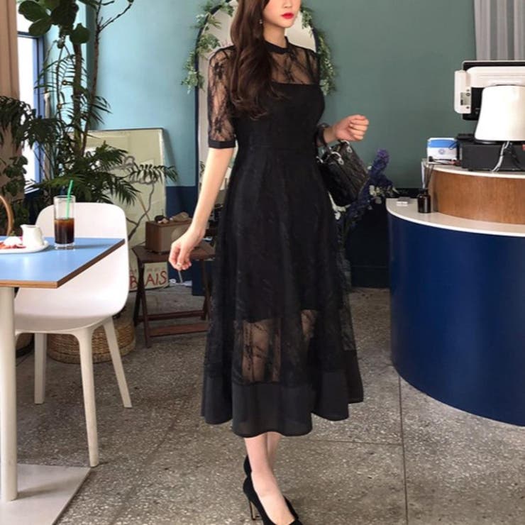 美しく動きをプラスレースシフォンワンピース ミディアム裾丈