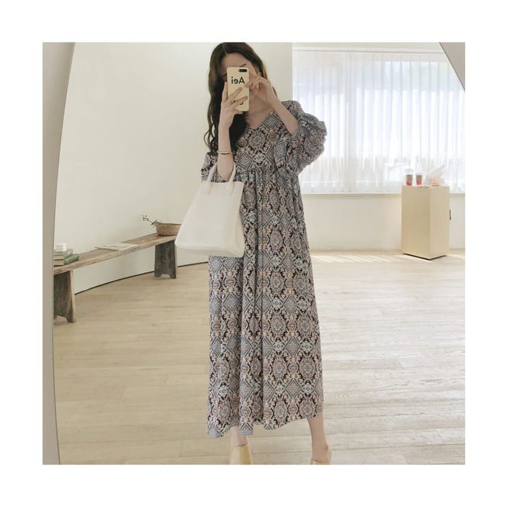 1枚で華やかな総柄マキシワンピース 五分袖 ゆったり | maison de LATIR | 詳細画像6 