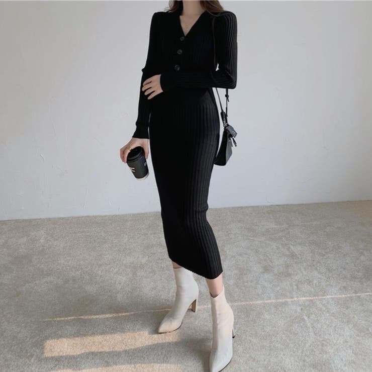 ブラック | 柔らかい風合いで心地よく綺麗にフィットするリブニットワンピース Vネック | maison de LATIR