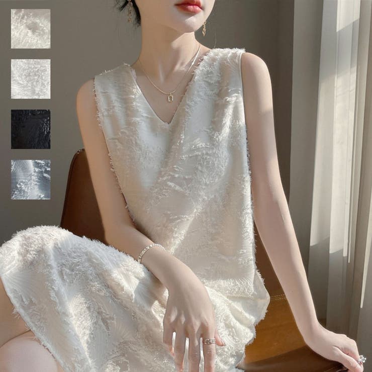 夏のおしゃれを楽しめるノースリーブシャギーワンピース 袖なし ミモレ丈 | maison de LATIR | 詳細画像1 