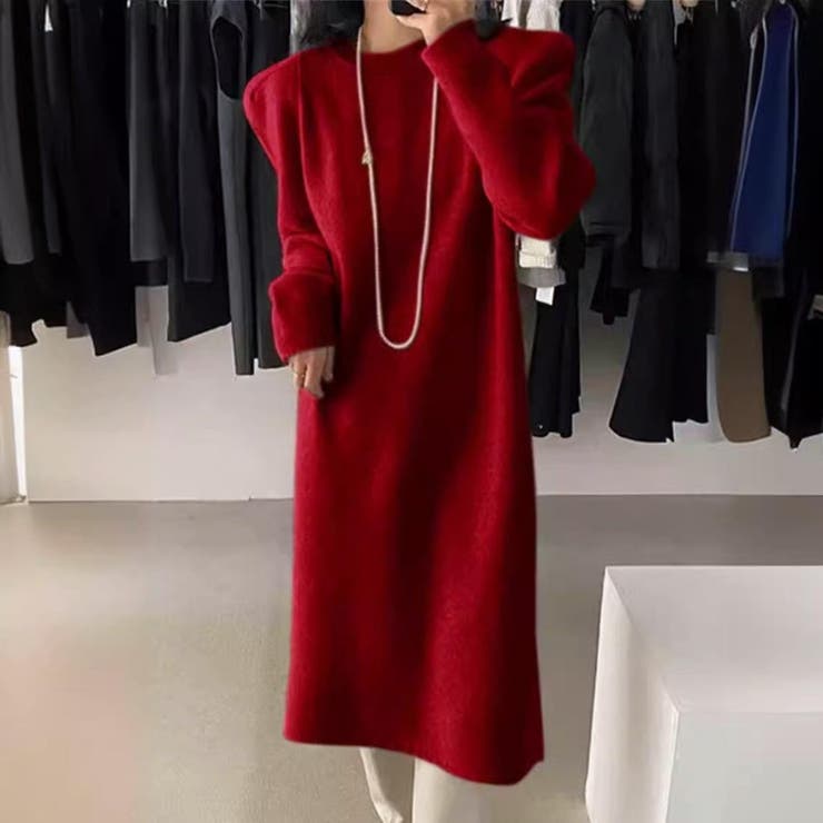 レッド | ストレスフリーな着心地のパフスリーブニットワンピース ロングワンピース | maison de LATIR